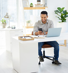 Image showing Phone, happy and Asian man in office typing email communication, networking or auditor search for business on app. Businessman, cellphone and accountant with mobile, internet or network contact