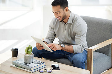 Image showing Business man, tablet and digital work of a web analyst check online research, website and smile. Office chair, technology and happy male employee with ux connection, reading app or internet in agency