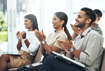 Image showing Support, businesspeople clapping audience and at meeting in a office at work. Group, achievement and happy team with applause for success or celebration in a conference in a boardroom at workplace