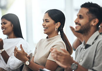 Image showing Success, conference and audience applause in a boardroom of their workplace.Team diversity, support or good news and colleagues group clap for achievement or celebration of meeting results in office