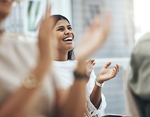 Image showing Business people, group and applause in meeting, achievement or teamwork with growth, opportunity or promotion. Hands, woman or staff clapping, celebration or startup success with development or goals