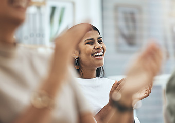 Image showing Staff, group and applause with support, achievement and collaboration with target, opportunity and promotion. Hands, woman or staff clapping, excited and startup success with commitment and goals