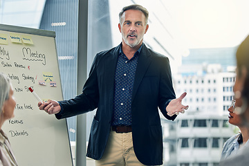 Image showing Businessman, coaching and meeting on whiteboard for strategy, planning or team discussion at office. Man CEO, mentor or coach training staff in presentation for project plan or ideas at the workplace