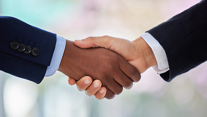 Image showing Handshake, partnership and contract with closeup of business people for welcome, thank you and deal. Teamwork, hiring and meeting with employees shaking hands for interview, networking and promotion