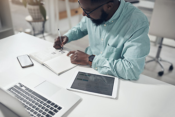 Image showing Notebook, planning and business man writing, digital technology and laptop in project budget, finance and goals. Stats, graphs and startup employee or person notes, journal data analysis and computer