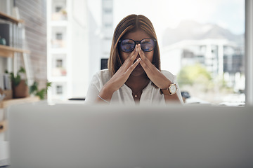 Image showing Stress, headache and business woman on computer for online mistake, frustrated and mental health risk or depression. Anxiety, job burnout and pain or tired person with problem, eye care or depressed