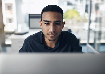 Image showing Computer, focus and business man reading online for information technology, software development and web code. Coding, programming and IT person or worker on desktop pc for system review or check