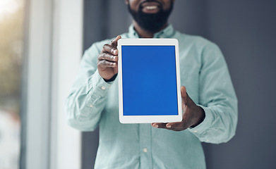 Image showing Tablet, green screen and business man hands for social media advertising, space and website design. Startup, application and person with digital technology mockup for career marketing on internet