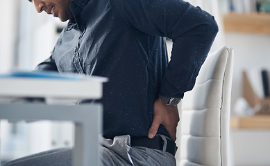 Image showing Tired, back pain and stress with business man in office for problem, frustrated and muscle fatigue. Burnout, tension and body with closeup of male employee for spine injury, accident and emergency