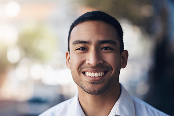 Image showing Happy, portrait of a businessman and smile in a mockup space in Mexico. Happiness or enjoyment, confident or proud man and cheerful or excited male person in urban street smiling for good news