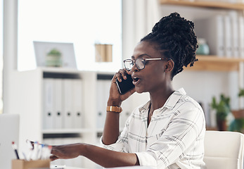 Image showing Talking, phone call and business woman with communication, planning and management advice in office. Speaking, problem solving and feedback of african person or employee on mobile app for discussion