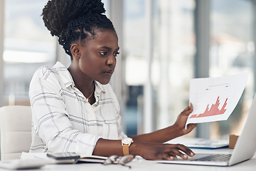 Image showing Laptop, documents and woman with data analysis, seo research or website statistics review, focus and planning. Financial analytics and paperwork of african person on computer, web charts and graphs