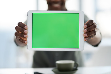 Image showing Hands, tablet and green screen mockup for advertising, marketing or branding at office. Closeup hand of person holding technology with chromakey display for advertisement or copy space at workplace