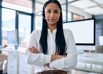 Image showing Business woman, crm portrait and arms crossed with company vision, telemarketing and motivation. Success, female employee and young consultant in a contact us office with job pride and confidence