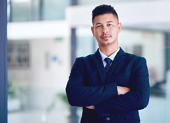 Image showing Business man, office portrait and arms crossed with company vision, management and motivation. Success, male employee and professional lawyer in a law firm with corporate job pride and confidence