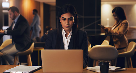 Image showing Laptop, corporate lounge and woman reading stock exchange report, finance insight or financial trading analysis. Web review, night and overtime person doing research of online investment market