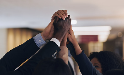 Image showing High five, hands and business people celebrate teamwork, project collaboration or company success. Team building meeting, corporate community and excited group celebration for workforce achievement