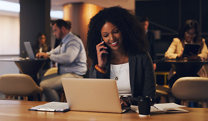 Image showing Happy phone call, laptop or business woman speaking, talking and negotiation with investment contact. Coworking lounge, female advisor and african agent consulting about account information on mobile