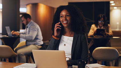 Image showing Business phone call, smile or networking woman speaking, talking or negotiation offer with online investment contact. Coworking lounge, laptop and happy person, seller or mobile user in consultation