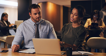 Image showing Laptop, corporate lounge and business people teamwork on stock exchange report, insight or trading statistics. Overtime work, partnership and night team doing web research of online investment market