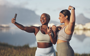 Image showing Fitness, woman taking selfie and workout in nature with plus size. Motivation or success, exercise or training and happy or cheerful female people winning photo with a cellphone outdoors together