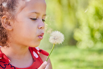 Image showing Spring, dandelion and relax with child in park for freedom, youth and growth with mockup space. Nature, summer and flowers with young girl and plant in outdoors for wish, good luck and dream