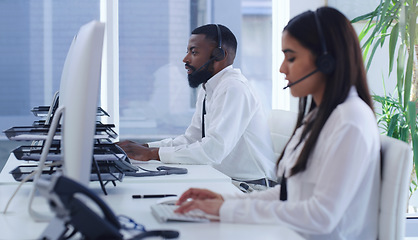 Image showing Call center, computer and consulting of business people in office for customer service, technical support or networking. Advice, contact us and help desk with employees for advisory, solution or sale