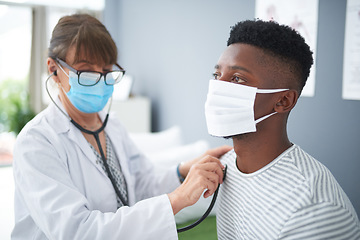 Image showing Doctor, exam and woman with patient listening to heart, breathing or medical healthcare test for covid in hospital. Clinic, black man and corona mask or sick person, check health with stethoscope