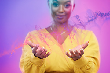 Image showing Hands, black woman magic wave or spell and with particle effects in background. Technology or color motions, African female with open arms for it and in studio backdrop for big data or science