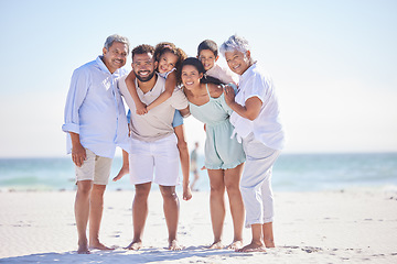 Image showing Big family, grandparents portrait or happy kids on beach to relax with siblings on fun holiday together. Dad, mom or children love bonding, smiling or relaxing with senior grandmother or grandfather