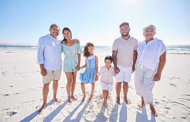 Image showing Big family, grandparents portrait or happy children at sea holding hands to relax on holiday together. Dad, mom or kids siblings love bonding or smiling with grandmother or grandfather on beach sand