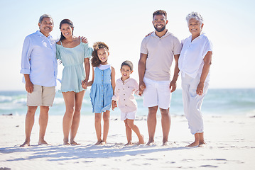 Image showing Big family, grandparents portrait or happy kids at sea holding hands to relax on holiday together. Dad, mom or children siblings love bonding or smiling with grandmother or grandfather on beach sand