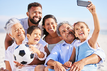 Image showing Big family, grandparents or happy kids take a selfie at beach bonding together on holiday in Mexico. Social media, mom or grandfather relaxing with grandmother or children siblings taking pictures