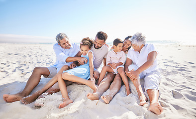 Image showing Vacation, travel or big family on beach to relax in nature bonding to enjoy quality time in summer. Happy kids, wellness or children laughing with grandparents, father or mother by ocean on holiday