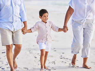 Image showing Holding hands, beach or parents walking with a happy child for a holiday vacation together with happiness. Travel, mother and father playing or enjoying family time with a young boy or kid in summer