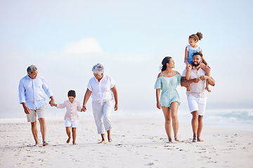Image showing Big family, grandparents walking or kids on beach with young siblings holding hands on holiday together. Dad, mom or children love bonding, smiling or relaxing with senior grandmother or grandfather