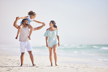 Image showing Holding hands, beach or parents walking with a girl for a holiday vacation together with happiness. Piggyback, mother and father playing or enjoying family time with a happy child or kid in summer