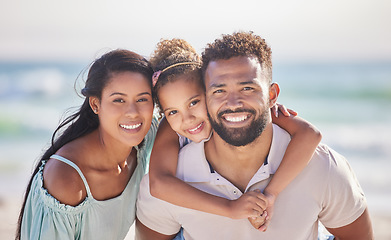 Image showing Mother, beach or portrait of father with child on happy family holiday, vacation or weekend together. Piggyback, mom or dad smiling or bonding with child, daughter or kid at seaside with happiness