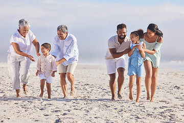 Image showing Big family, grandparents or happy kids walking on beach to relax with siblings on fun holiday together. Dad, mom or children love bonding, smiling or playing with senior grandmother or grandfather