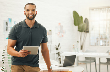 Image showing Architecture, tablet and portrait of man in office for engineering, internet and buildings. Digital, construction and creative with male designer for project management, website and technology