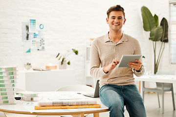 Image showing Architecture, smile and portrait of man with tablet in office for engineering, internet and buildings. Digital, construction and creative with designer for project management, website and technology