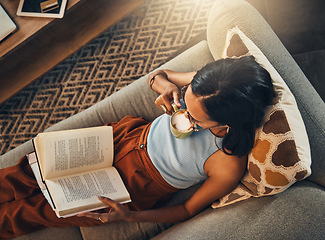 Image showing Top view of woman sofa, reading book with coffee at house and break on the weekend with poetry story at home. Female person relax, calm on living room couch and read for knowledge with hot drink