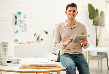 Image showing Architecture, tablet and portrait of business man in office for engineering, internet and buildings. Digital, construction and creative with designer for project management, website and technology