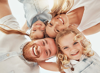 Image showing Family portrait, heads together in circle from below and happiness, bonding and holiday travel to Australia. Face of mother, father and children with smile, happy outdoor huddle on summer vacation.