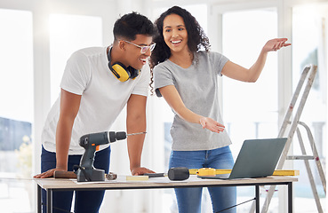 Image showing Maintenance, renovation and laptop with a couple in their new house together for a remodeling project. Construction, real estate or property improvement with a man and woman planning for home diy