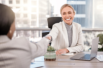 Image showing Smile, businesswoman and shake hands or interview for new job or hired and in the office. Partnership, human resource and female worker meeting or staff agreement or approve and team in the workplace