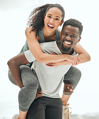 Image showing Happy people in portrait, piggyback and hiking outdoor with smile, fun and fitness with interracial couple. Excited, workout together and trekking, black man and woman are playful with happiness