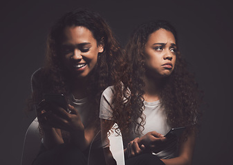 Image showing Mental health, phone and woman in studio on social media with stress, fear or bipolar disorder. Double exposure, cellphone and female person with trauma, anxiety or schizophrenia by black background.