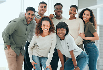 Image showing Diversity, portrait with group of students and smiling after class together. Teamwork, collaboration and smile with happy friends and young people pose for community at school reunion for support