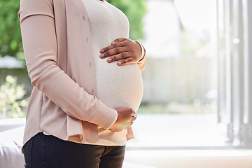 Image showing Pregnant, stomach and woman frame her belly or ready for motherhood or hands on tummy in the living room at home. Maternity, pregnancy and female abdomen for family planning or prenatal or life